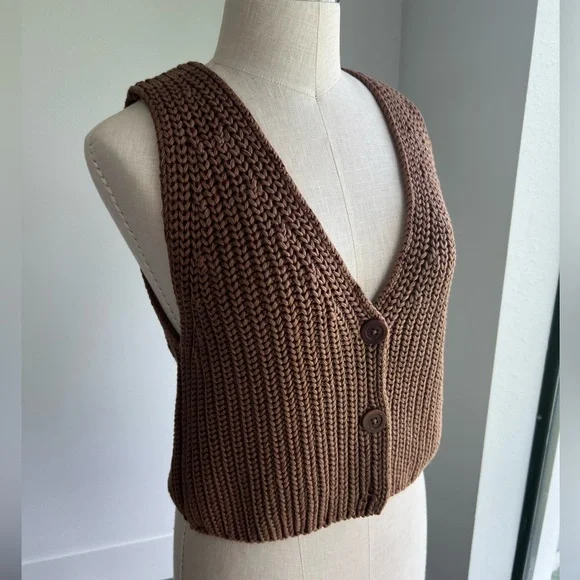 Free People- Brown Knit Button-Up Vest - Picture 8 of 11
